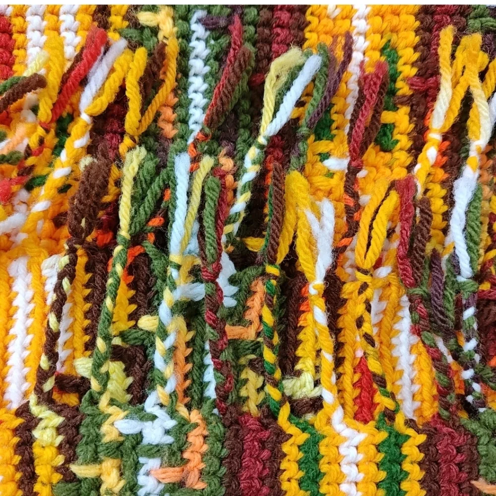 Retro 70s Fringed Crochet Blanket Scarf Wrap Shawl Handmade Lap Throw Fall 36/72